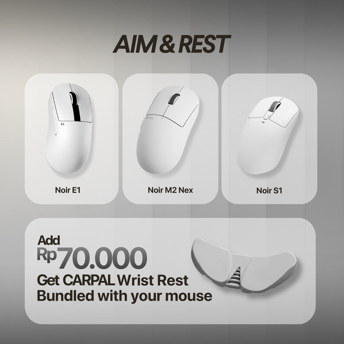 Aim &amp; Rest offer. Add a Carpal wrist rest for Rp70,000 with an E1, M2 NEX, or S1 mouse.